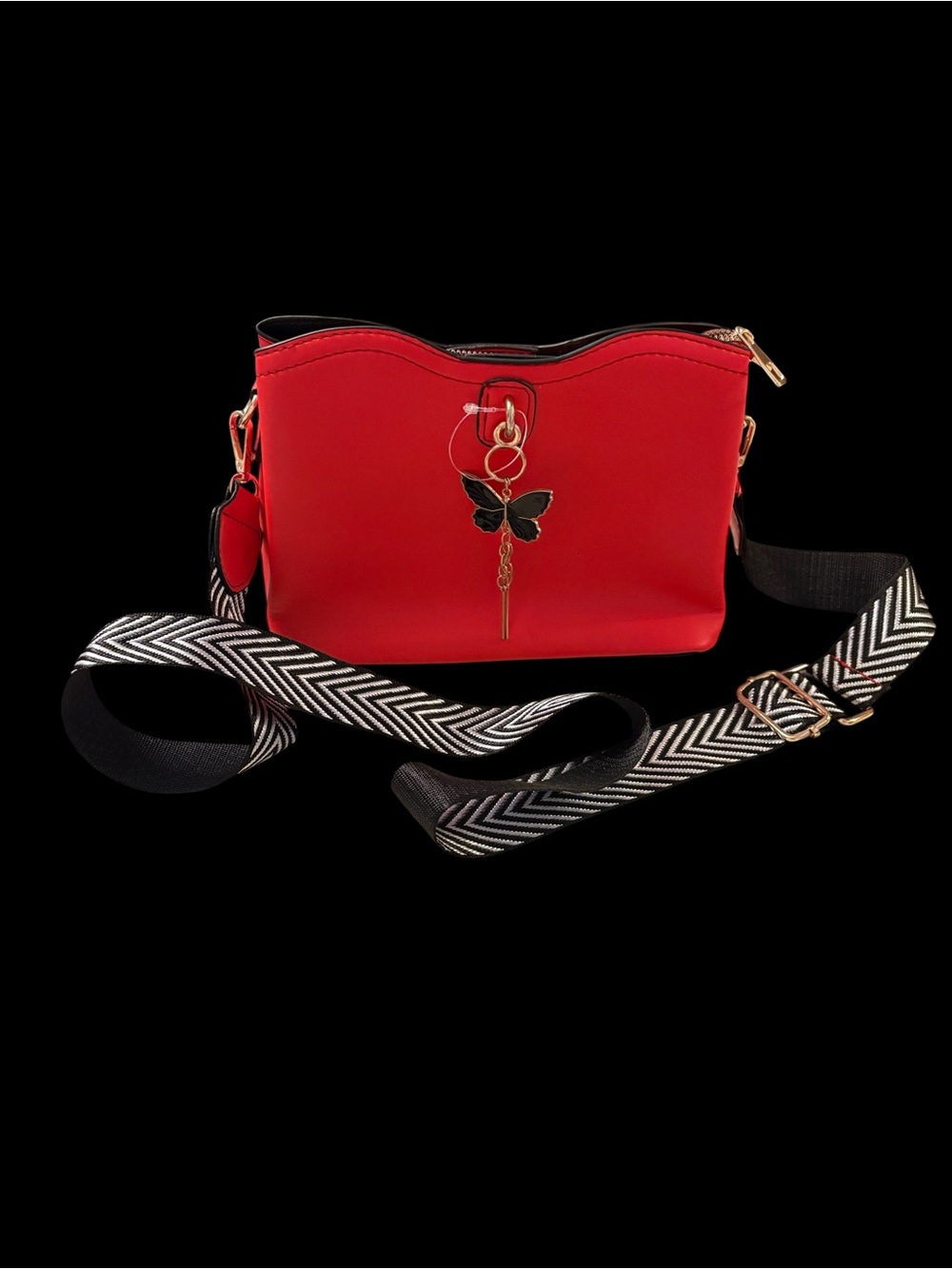 Red Crossbody Handbag with Gold Hardware & Chevron Strap